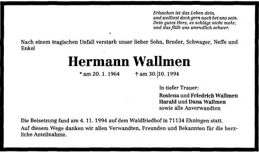 Wallmen Hermann 1964-1994 Todesanzeige